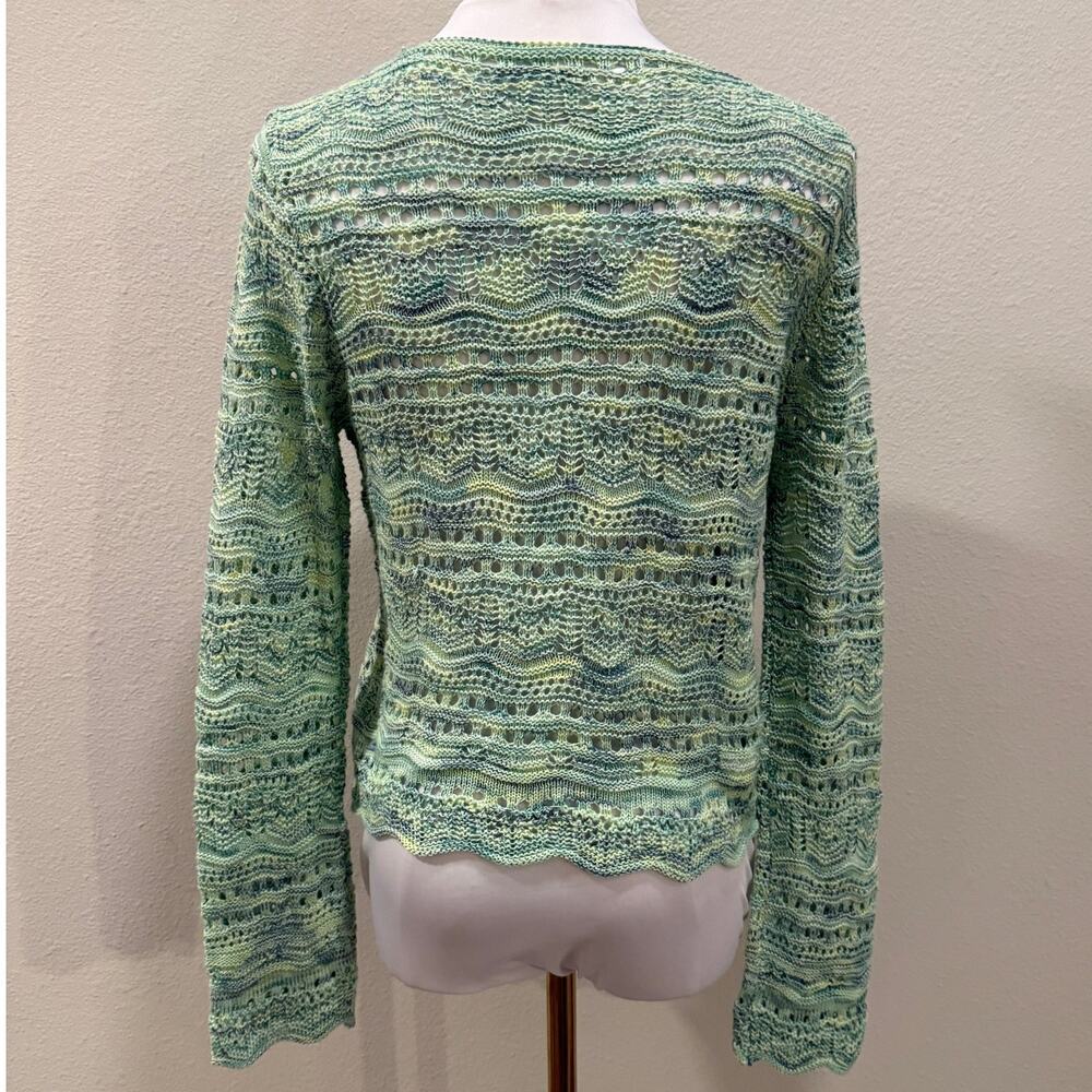 Mint Green Open Knit Ruched Sweater Long Bell Sleeves Scalloped Hem V Neck Airy - Picture 3 of 10